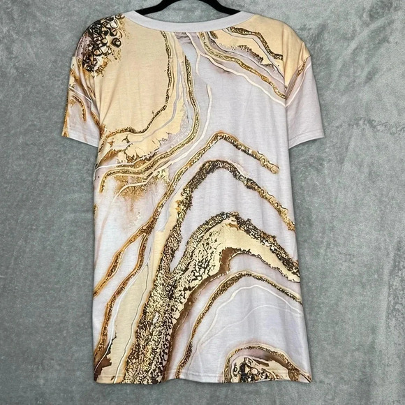 Just Fashion Now XL Shirt Top Brown Abstract Short Sleeve V Neck Knit Stretch - Picture 4 of 8